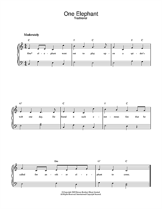 Preview Traditional One Elephant Children sheet music, notes and chords for Piano & Vocal, SKU: 33458 sheet music, piano notes, chords, guitar tabs, score, transpose, transcribe, how to play, guide, download, learn, tutorial, progression, song, artist, awards, billboard, mtv, vh1, tour, single, album, release