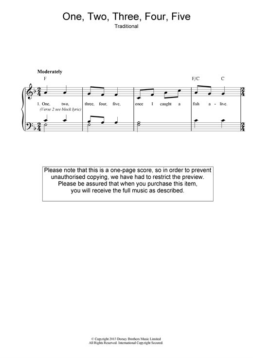 Preview Traditional One Two Three Four Five Children sheet music, notes and chords for Piano & Vocal, SKU: 33459 sheet music, piano notes, chords, guitar tabs, score, transpose, transcribe, how to play, guide, download, learn, tutorial, progression, song, artist, awards, billboard, mtv, vh1, tour, single, album, release