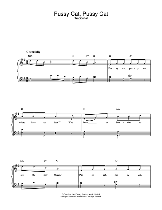 Preview Traditional Pussy Cat, Pussy Cat Children sheet music, notes and chords for Piano & Vocal, SKU: 33460 sheet music, piano notes, chords, guitar tabs, score, transpose, transcribe, how to play, guide, download, learn, tutorial, progression, song, artist, awards, billboard, mtv, vh1, tour, single, album, release