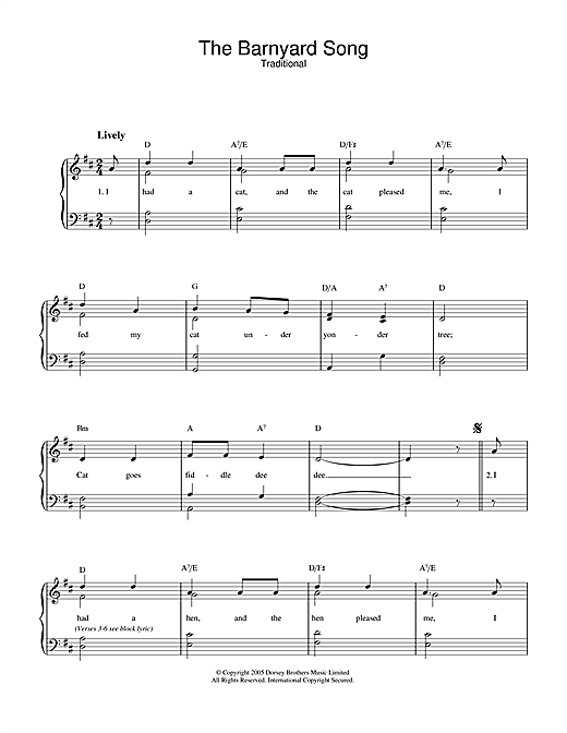 Preview Traditional The Barnyard Song Children sheet music, notes and chords for Piano & Vocal, SKU: 33462 sheet music, piano notes, chords, guitar tabs, score, transpose, transcribe, how to play, guide, download, learn, tutorial, progression, song, artist, awards, billboard, mtv, vh1, tour, single, album, release
