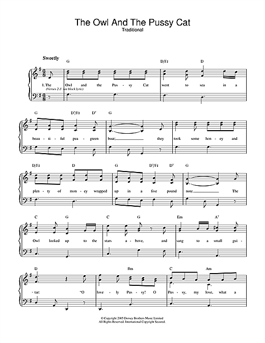 Preview Traditional The Owl And The Pussy Cat Children sheet music, notes and chords for Piano & Vocal, SKU: 33463 sheet music, piano notes, chords, guitar tabs, score, transpose, transcribe, how to play, guide, download, learn, tutorial, progression, song, artist, awards, billboard, mtv, vh1, tour, single, album, release