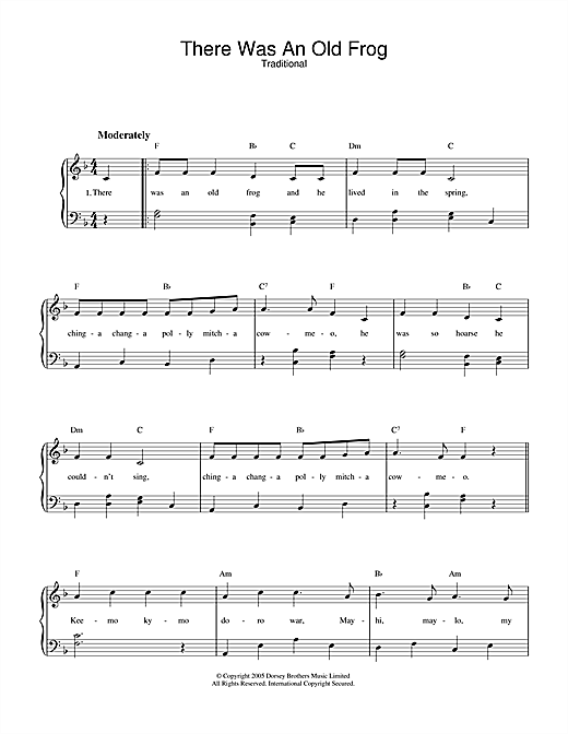 Preview Traditional There Was An Old Frog Children sheet music, notes and chords for Piano & Vocal, SKU: 33464 sheet music, piano notes, chords, guitar tabs, score, transpose, transcribe, how to play, guide, download, learn, tutorial, progression, song, artist, awards, billboard, mtv, vh1, tour, single, album, release