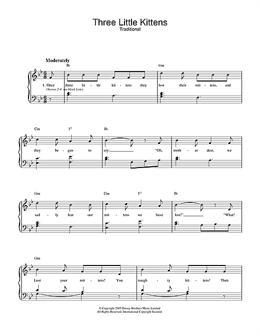 Preview Traditional Three Little Kittens Children sheet music, notes and chords for Piano & Vocal, SKU: 33466 sheet music, piano notes, chords, guitar tabs, score, transpose, transcribe, how to play, guide, download, learn, tutorial, progression, song, artist, awards, billboard, mtv, vh1, tour, single, album, release