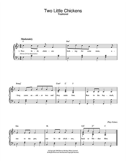 Preview Traditional Two Little Chickens Children sheet music, notes and chords for Piano & Vocal, SKU: 33467 sheet music, piano notes, chords, guitar tabs, score, transpose, transcribe, how to play, guide, download, learn, tutorial, progression, song, artist, awards, billboard, mtv, vh1, tour, single, album, release