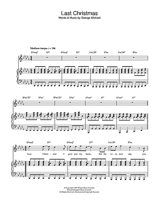 Preview Wham! Last Christmas Pop sheet music, notes and chords for Piano, Vocal & Guitar, SKU: 33468 sheet music, piano notes, chords, guitar tabs, score, transpose, transcribe, how to play, guide, download, learn, tutorial, progression, song, artist, awards, billboard, mtv, vh1, tour, single, album, release