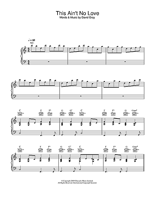 Preview David Gray Ain't No Love Pop sheet music, notes and chords for Piano, Vocal & Guitar, SKU: 33469 sheet music, piano notes, chords, guitar tabs, score, transpose, transcribe, how to play, guide, download, learn, tutorial, progression, song, artist, awards, billboard, mtv, vh1, tour, single, album, release