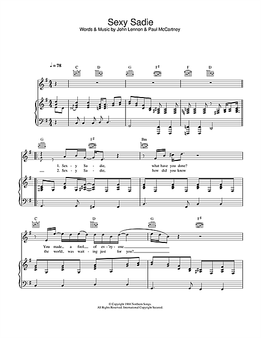 Preview The Beatles Sexy Sadie Pop sheet music, notes and chords for Piano, Vocal & Guitar, SKU: 33470 sheet music, piano notes, chords, guitar tabs, score, transpose, transcribe, how to play, guide, download, learn, tutorial, progression, song, artist, awards, billboard, mtv, vh1, tour, single, album, release