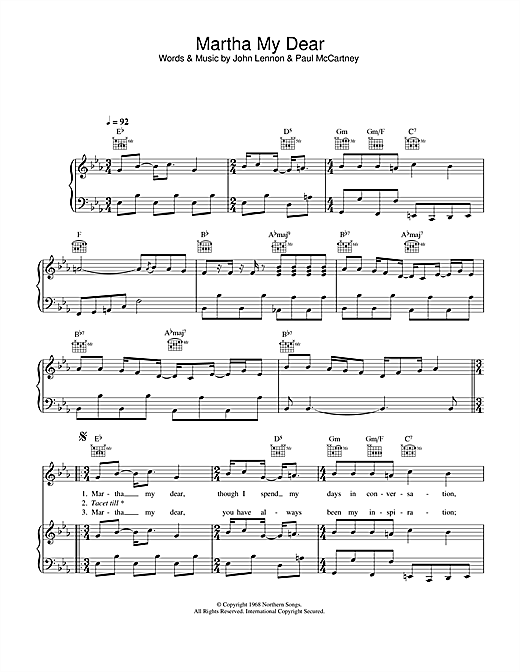 Preview The Beatles Martha My Dear Pop sheet music, notes and chords for Piano, Vocal & Guitar, SKU: 33471 sheet music, piano notes, chords, guitar tabs, score, transpose, transcribe, how to play, guide, download, learn, tutorial, progression, song, artist, awards, billboard, mtv, vh1, tour, single, album, release