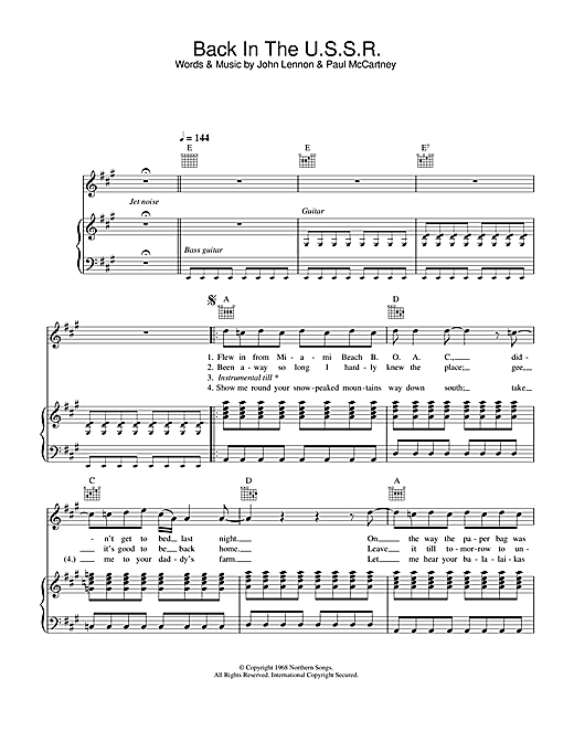 Preview The Beatles Back In The USSR Pop sheet music, notes and chords for Piano, Vocal & Guitar, SKU: 33477 sheet music, piano notes, chords, guitar tabs, score, transpose, transcribe, how to play, guide, download, learn, tutorial, progression, song, artist, awards, billboard, mtv, vh1, tour, single, album, release