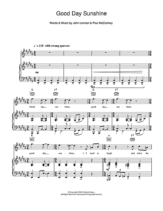 Preview The Beatles Good Day Sunshine Pop sheet music, notes and chords for Piano, Vocal & Guitar, SKU: 33478 sheet music, piano notes, chords, guitar tabs, score, transpose, transcribe, how to play, guide, download, learn, tutorial, progression, song, artist, awards, billboard, mtv, vh1, tour, single, album, release