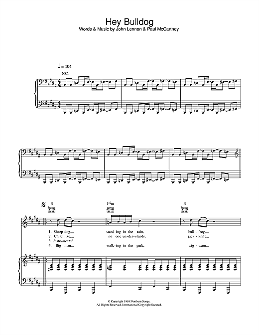 Preview The Beatles Hey Bulldog Pop sheet music, notes and chords for Piano, Vocal & Guitar, SKU: 33481 sheet music, piano notes, chords, guitar tabs, score, transpose, transcribe, how to play, guide, download, learn, tutorial, progression, song, artist, awards, billboard, mtv, vh1, tour, single, album, release