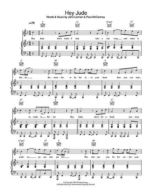 Preview The Beatles Hey Jude Pop sheet music, notes and chords for Piano, Vocal & Guitar, SKU: 33482 sheet music, piano notes, chords, guitar tabs, score, transpose, transcribe, how to play, guide, download, learn, tutorial, progression, song, artist, awards, billboard, mtv, vh1, tour, single, album, release