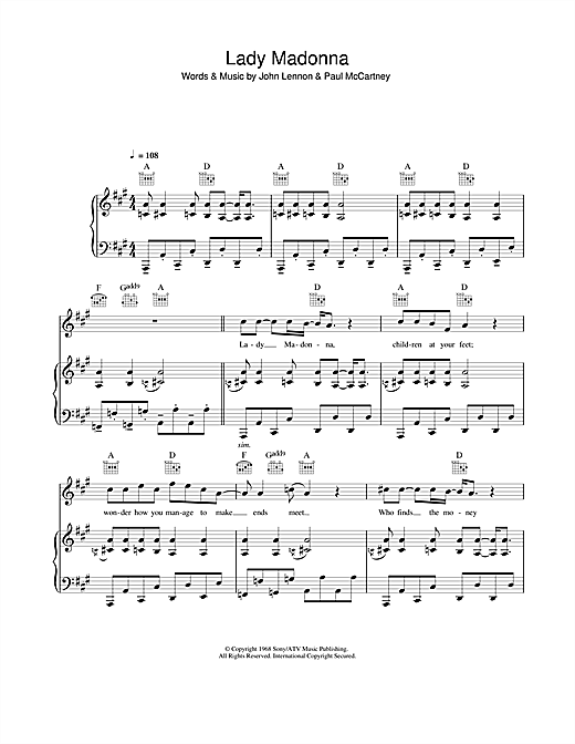 Preview The Beatles Lady Madonna Pop sheet music, notes and chords for Piano, Vocal & Guitar, SKU: 33483 sheet music, piano notes, chords, guitar tabs, score, transpose, transcribe, how to play, guide, download, learn, tutorial, progression, song, artist, awards, billboard, mtv, vh1, tour, single, album, release