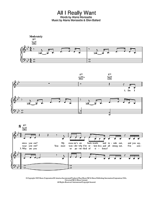Preview Alanis Morissette All I Really Want Pop sheet music, notes and chords for Piano, Vocal & Guitar (Right-Hand Melody), SKU: 33485 sheet music, piano notes, chords, guitar tabs, score, transpose, transcribe, how to play, guide, download, learn, tutorial, progression, song, artist, awards, billboard, mtv, vh1, tour, single, album, release
