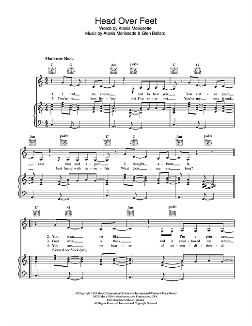 Preview Alanis Morissette Head Over Feet Pop sheet music, notes and chords for Piano, Vocal & Guitar (Right-Hand Melody), SKU: 33487 sheet music, piano notes, chords, guitar tabs, score, transpose, transcribe, how to play, guide, download, learn, tutorial, progression, song, artist, awards, billboard, mtv, vh1, tour, single, album, release