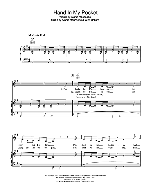 Preview Alanis Morissette Hand In My Pocket Pop sheet music, notes and chords for Piano, Vocal & Guitar (Right-Hand Melody), SKU: 33488 sheet music, piano notes, chords, guitar tabs, score, transpose, transcribe, how to play, guide, download, learn, tutorial, progression, song, artist, awards, billboard, mtv, vh1, tour, single, album, release