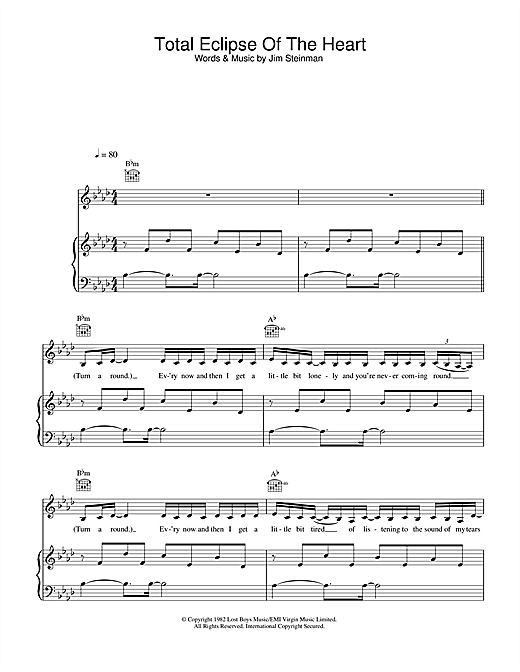 Preview Bonnie Tyler Total Eclipse Of The Heart Rock sheet music, notes and chords for Piano, Vocal & Guitar, SKU: 33489 sheet music, piano notes, chords, guitar tabs, score, transpose, transcribe, how to play, guide, download, learn, tutorial, progression, song, artist, awards, billboard, mtv, vh1, tour, single, album, release