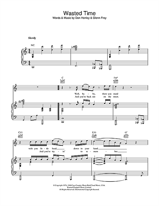 Preview Eagles Wasted Time Rock sheet music, notes and chords for Piano, Vocal & Guitar (Right-Hand Melody), SKU: 33490 sheet music, piano notes, chords, guitar tabs, score, transpose, transcribe, how to play, guide, download, learn, tutorial, progression, song, artist, awards, billboard, mtv, vh1, tour, single, album, release
