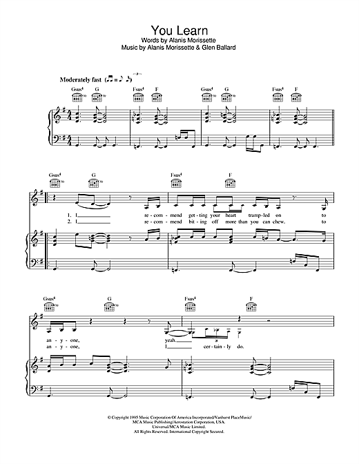 Preview Alanis Morissette You Learn Pop sheet music, notes and chords for Piano, Vocal & Guitar (Right-Hand Melody), SKU: 33492 sheet music, piano notes, chords, guitar tabs, score, transpose, transcribe, how to play, guide, download, learn, tutorial, progression, song, artist, awards, billboard, mtv, vh1, tour, single, album, release