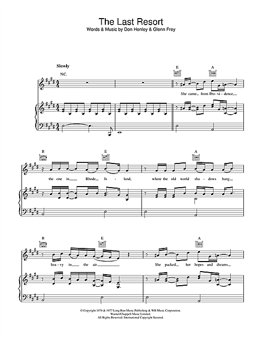 Preview Eagles The Last Resort Rock sheet music, notes and chords for Piano, Vocal & Guitar (Right-Hand Melody), SKU: 33493 sheet music, piano notes, chords, guitar tabs, score, transpose, transcribe, how to play, guide, download, learn, tutorial, progression, song, artist, awards, billboard, mtv, vh1, tour, single, album, release