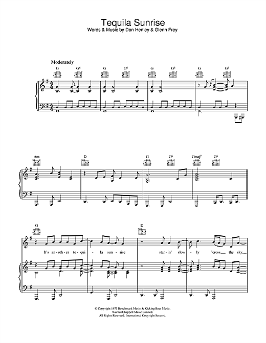 Preview Eagles Tequila Sunrise Rock sheet music, notes and chords for Piano, Vocal & Guitar (Right-Hand Melody), SKU: 33494 sheet music, piano notes, chords, guitar tabs, score, transpose, transcribe, how to play, guide, download, learn, tutorial, progression, song, artist, awards, billboard, mtv, vh1, tour, single, album, release