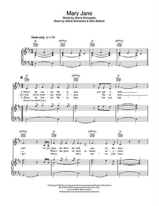 Preview Alanis Morissette Mary Jane Pop sheet music, notes and chords for Piano, Vocal & Guitar (Right-Hand Melody), SKU: 33496 sheet music, piano notes, chords, guitar tabs, score, transpose, transcribe, how to play, guide, download, learn, tutorial, progression, song, artist, awards, billboard, mtv, vh1, tour, single, album, release