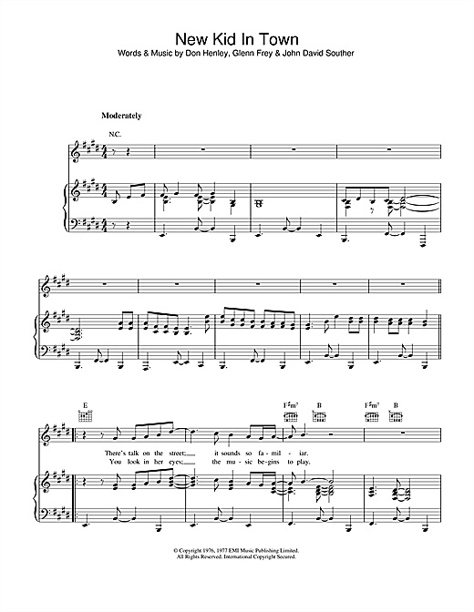 Preview Eagles New Kid In Town Rock sheet music, notes and chords for Piano, Vocal & Guitar (Right-Hand Melody), SKU: 33497 sheet music, piano notes, chords, guitar tabs, score, transpose, transcribe, how to play, guide, download, learn, tutorial, progression, song, artist, awards, billboard, mtv, vh1, tour, single, album, release