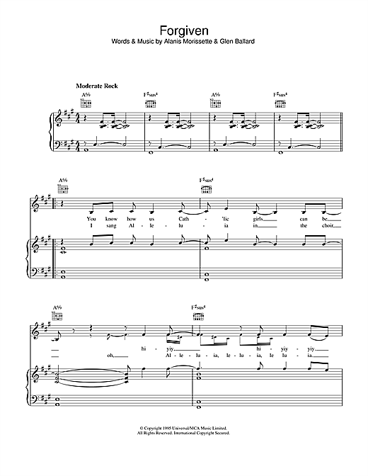 Preview Alanis Morissette Forgiven Pop sheet music, notes and chords for Piano, Vocal & Guitar (Right-Hand Melody), SKU: 33499 sheet music, piano notes, chords, guitar tabs, score, transpose, transcribe, how to play, guide, download, learn, tutorial, progression, song, artist, awards, billboard, mtv, vh1, tour, single, album, release