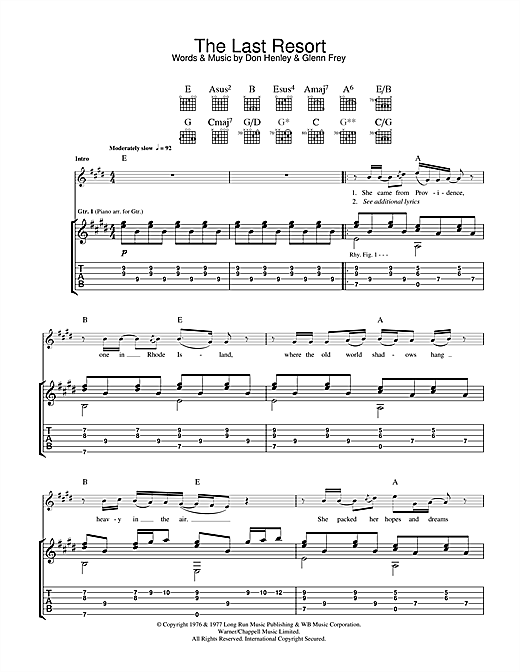 Preview Eagles The Last Resort Rock sheet music, notes and chords for Guitar Tab, SKU: 33503 sheet music, piano notes, chords, guitar tabs, score, transpose, transcribe, how to play, guide, download, learn, tutorial, progression, song, artist, awards, billboard, mtv, vh1, tour, single, album, release