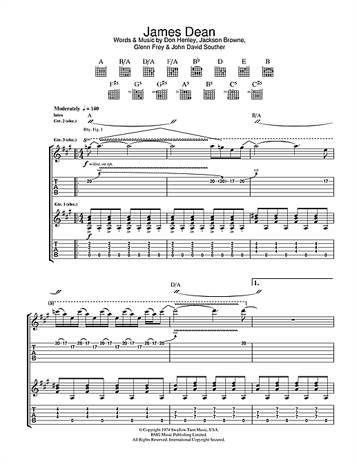 Preview Eagles James Dean Rock sheet music, notes and chords for Guitar Tab, SKU: 33505 sheet music, piano notes, chords, guitar tabs, score, transpose, transcribe, how to play, guide, download, learn, tutorial, progression, song, artist, awards, billboard, mtv, vh1, tour, single, album, release