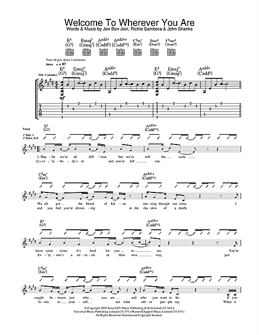 Preview Jon Bon Jovi Welcome To Wherever You Are Rock sheet music, notes and chords for Guitar Tab, SKU: 33506 sheet music, piano notes, chords, guitar tabs, score, transpose, transcribe, how to play, guide, download, learn, tutorial, progression, song, artist, awards, billboard, mtv, vh1, tour, single, album, release