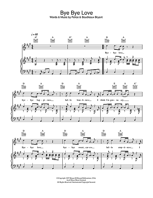 Preview The Everly Brothers Bye Bye Love Pop sheet music, notes and chords for Piano, Vocal & Guitar (Right-Hand Melody), SKU: 33507 sheet music, piano notes, chords, guitar tabs, score, transpose, transcribe, how to play, guide, download, learn, tutorial, progression, song, artist, awards, billboard, mtv, vh1, tour, single, album, release