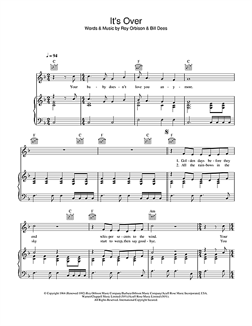 Preview Roy Orbison It's Over Pop sheet music, notes and chords for Piano, Vocal & Guitar (Right-Hand Melody), SKU: 33510 sheet music, piano notes, chords, guitar tabs, score, transpose, transcribe, how to play, guide, download, learn, tutorial, progression, song, artist, awards, billboard, mtv, vh1, tour, single, album, release