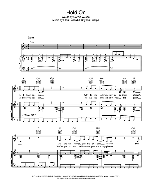 Preview Wilson Phillips Hold On Pop sheet music, notes and chords for Piano, Vocal & Guitar (Right-Hand Melody), SKU: 33511 sheet music, piano notes, chords, guitar tabs, score, transpose, transcribe, how to play, guide, download, learn, tutorial, progression, song, artist, awards, billboard, mtv, vh1, tour, single, album, release