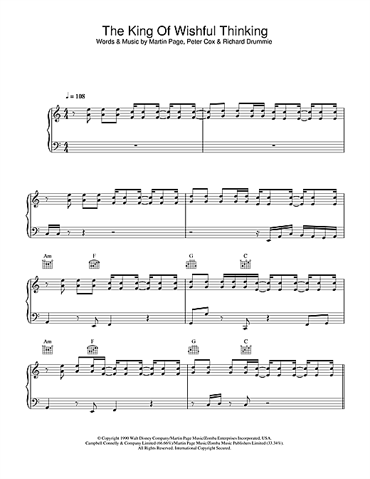 Preview Go West The King Of Wishful Thinking Pop sheet music, notes and chords for Piano, Vocal & Guitar (Right-Hand Melody), SKU: 33512 sheet music, piano notes, chords, guitar tabs, score, transpose, transcribe, how to play, guide, download, learn, tutorial, progression, song, artist, awards, billboard, mtv, vh1, tour, single, album, release