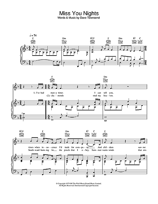 Preview Cliff Richard Miss You Nights Pop sheet music, notes and chords for Piano, Vocal & Guitar (Right-Hand Melody), SKU: 33513 sheet music, piano notes, chords, guitar tabs, score, transpose, transcribe, how to play, guide, download, learn, tutorial, progression, song, artist, awards, billboard, mtv, vh1, tour, single, album, release