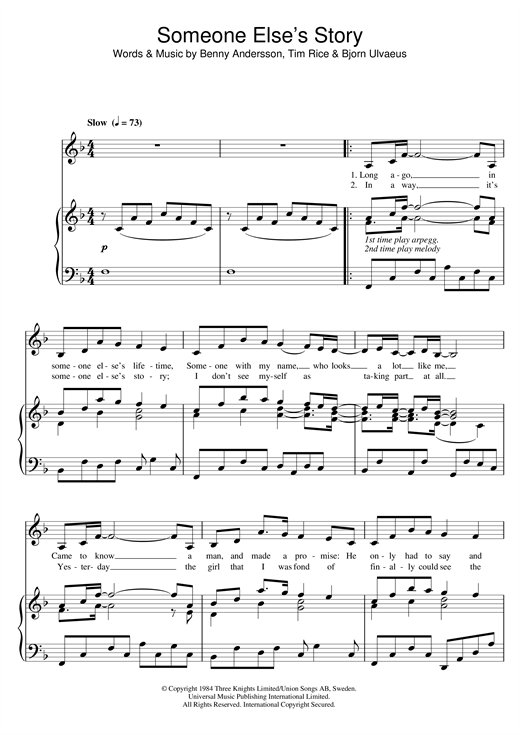Preview Andersson and Ulvaeus Someone Else's Story (from Chess) Musicals sheet music, notes and chords for Piano & Vocal, SKU: 33514 sheet music, piano notes, chords, guitar tabs, score, transpose, transcribe, how to play, guide, download, learn, tutorial, progression, song, artist, awards, billboard, mtv, vh1, tour, single, album, release