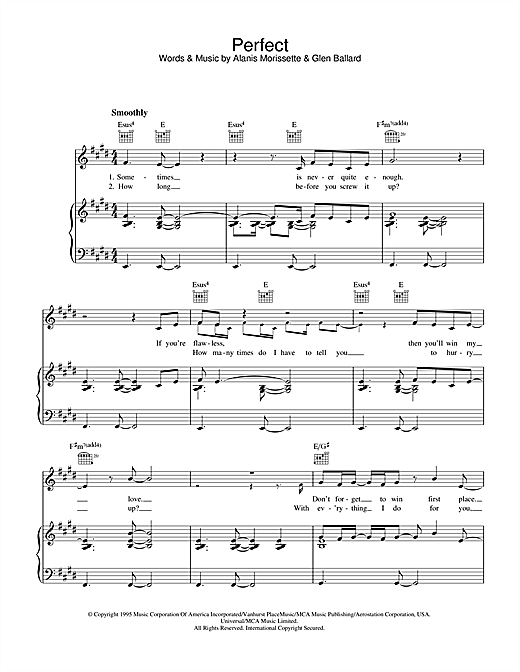 Preview Alanis Morissette Perfect Pop sheet music, notes and chords for Piano, Vocal & Guitar (Right-Hand Melody), SKU: 33516 sheet music, piano notes, chords, guitar tabs, score, transpose, transcribe, how to play, guide, download, learn, tutorial, progression, song, artist, awards, billboard, mtv, vh1, tour, single, album, release