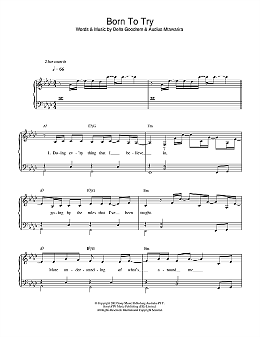 Preview Delta Goodrem Born To Try Pop sheet music, notes and chords for Easy Piano, SKU: 33518 sheet music, piano notes, chords, guitar tabs, score, transpose, transcribe, how to play, guide, download, learn, tutorial, progression, song, artist, awards, billboard, mtv, vh1, tour, single, album, release