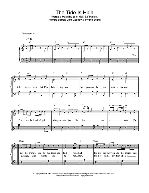 Preview Atomic Kitten The Tide Is High (Get The Feeling) Pop sheet music, notes and chords for Easy Piano, SKU: 33524 sheet music, piano notes, chords, guitar tabs, score, transpose, transcribe, how to play, guide, download, learn, tutorial, progression, song, artist, awards, billboard, mtv, vh1, tour, single, album, release