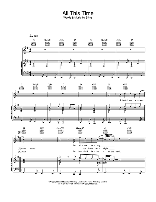 Preview Sting All This Time Pop sheet music, notes and chords for Piano, Vocal & Guitar (Right-Hand Melody), SKU: 33525 sheet music, piano notes, chords, guitar tabs, score, transpose, transcribe, how to play, guide, download, learn, tutorial, progression, song, artist, awards, billboard, mtv, vh1, tour, single, album, release
