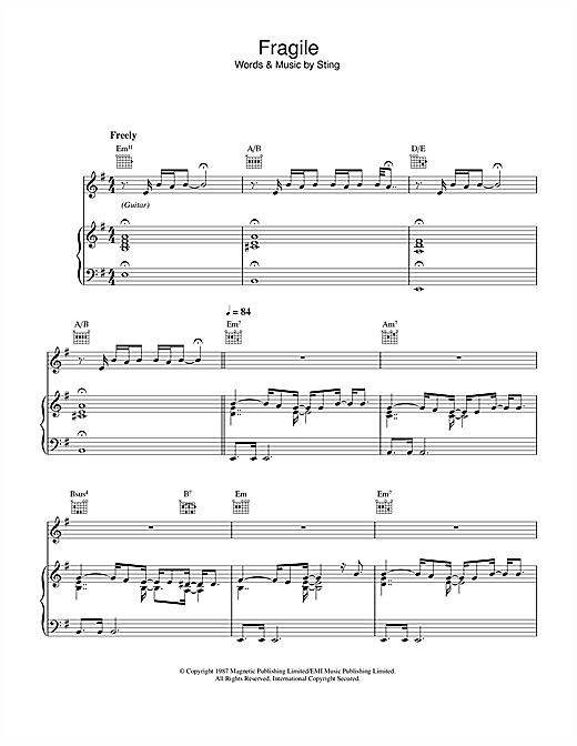 Preview Sting Fragile Pop sheet music, notes and chords for Piano, Vocal & Guitar (Right-Hand Melody), SKU: 33526 sheet music, piano notes, chords, guitar tabs, score, transpose, transcribe, how to play, guide, download, learn, tutorial, progression, song, artist, awards, billboard, mtv, vh1, tour, single, album, release