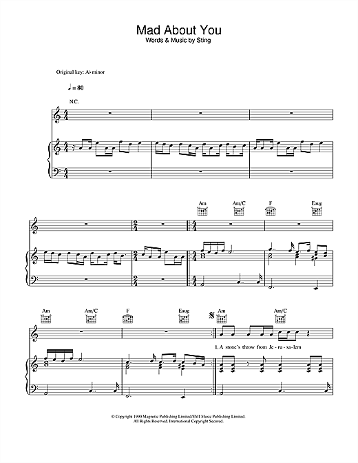Preview Sting Mad About You Rock sheet music, notes and chords for Piano, Vocal & Guitar, SKU: 33527 sheet music, piano notes, chords, guitar tabs, score, transpose, transcribe, how to play, guide, download, learn, tutorial, progression, song, artist, awards, billboard, mtv, vh1, tour, single, album, release