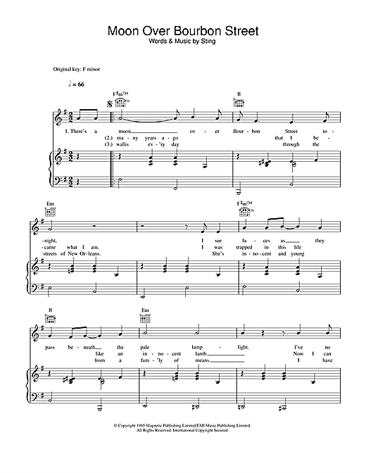 Preview Sting Moon Over Bourbon Street Pop sheet music, notes and chords for Piano, Vocal & Guitar, SKU: 33528 sheet music, piano notes, chords, guitar tabs, score, transpose, transcribe, how to play, guide, download, learn, tutorial, progression, song, artist, awards, billboard, mtv, vh1, tour, single, album, release