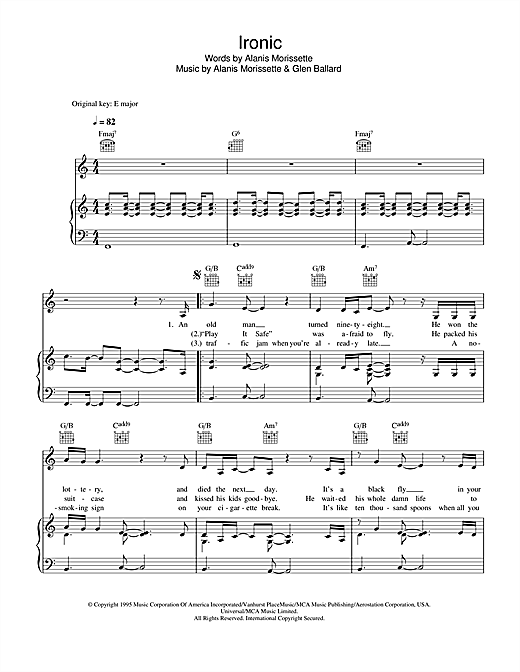 Preview Alanis Morissette Ironic Rock sheet music, notes and chords for Piano, Vocal & Guitar (Right-Hand Melody), SKU: 33529 sheet music, piano notes, chords, guitar tabs, score, transpose, transcribe, how to play, guide, download, learn, tutorial, progression, song, artist, awards, billboard, mtv, vh1, tour, single, album, release