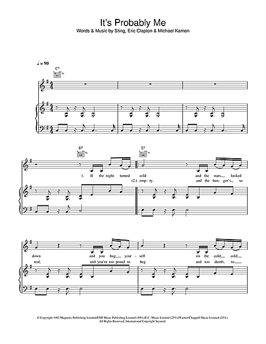 Preview Sting It's Probably Me Rock sheet music, notes and chords for Piano, Vocal & Guitar, SKU: 33530 sheet music, piano notes, chords, guitar tabs, score, transpose, transcribe, how to play, guide, download, learn, tutorial, progression, song, artist, awards, billboard, mtv, vh1, tour, single, album, release