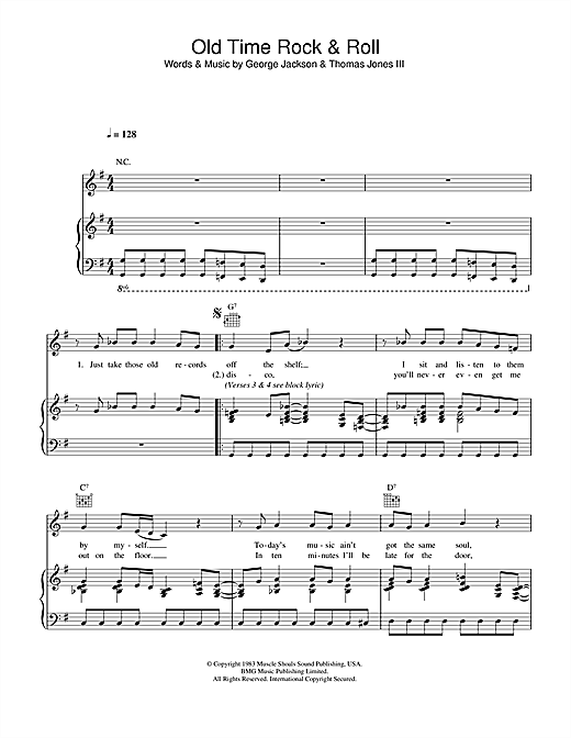 Preview Bob Seger Old Time Rock And Roll Rock sheet music, notes and chords for Piano, Vocal & Guitar (Right-Hand Melody), SKU: 33532 sheet music, piano notes, chords, guitar tabs, score, transpose, transcribe, how to play, guide, download, learn, tutorial, progression, song, artist, awards, billboard, mtv, vh1, tour, single, album, release