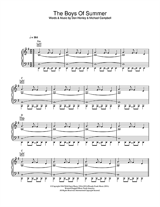 Preview Don Henley The Boys Of Summer Rock sheet music, notes and chords for Piano, Vocal & Guitar (Right-Hand Melody), SKU: 33533 sheet music, piano notes, chords, guitar tabs, score, transpose, transcribe, how to play, guide, download, learn, tutorial, progression, song, artist, awards, billboard, mtv, vh1, tour, single, album, release