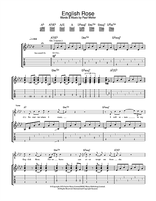 Preview The Jam English Rose Punk sheet music, notes and chords for Guitar Tab, SKU: 33534 sheet music, piano notes, chords, guitar tabs, score, transpose, transcribe, how to play, guide, download, learn, tutorial, progression, song, artist, awards, billboard, mtv, vh1, tour, single, album, release