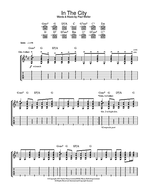 Preview The Jam In The City Punk sheet music, notes and chords for Guitar Tab, SKU: 33537 sheet music, piano notes, chords, guitar tabs, score, transpose, transcribe, how to play, guide, download, learn, tutorial, progression, song, artist, awards, billboard, mtv, vh1, tour, single, album, release